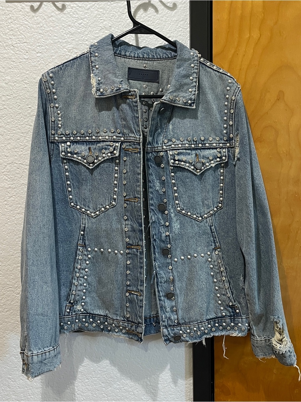 Studded Light Blue Distressed Denim Jacket - Women